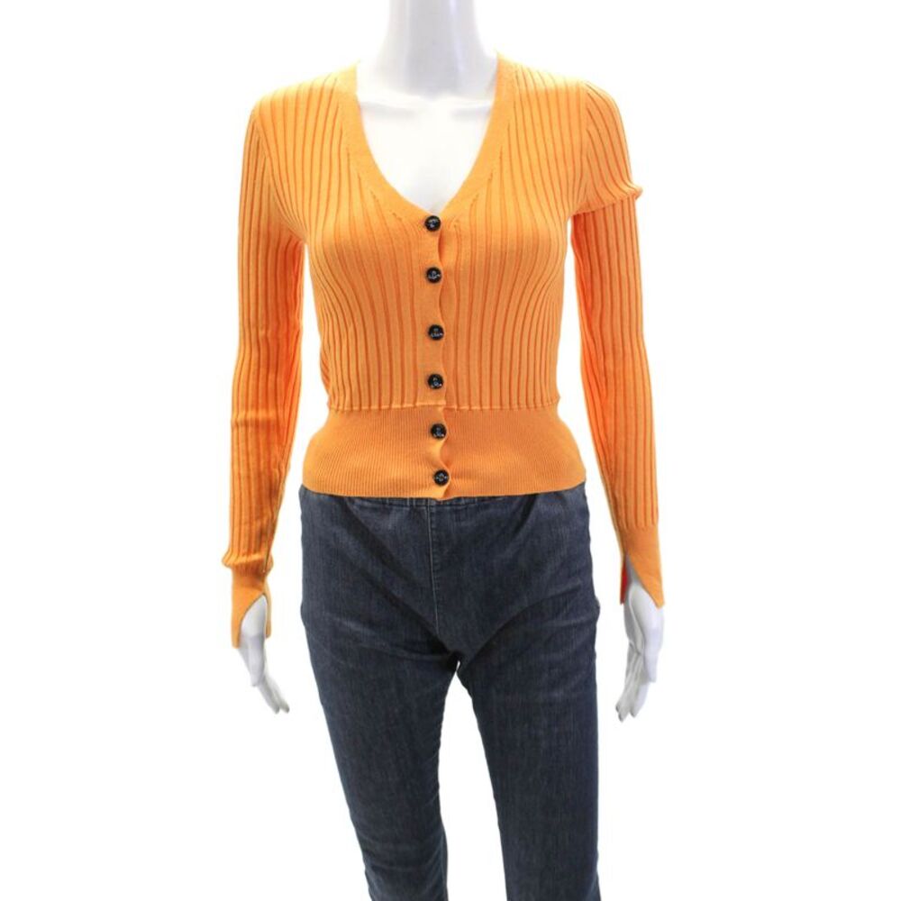 JOA Los Angeles Womens Button Front V Neck Ribbed Cardigan Sweater Orange XS
